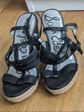 Sam Edelman Karley Black Strappy Espadrille Wedge Sandals | Size 6.5 | Platform